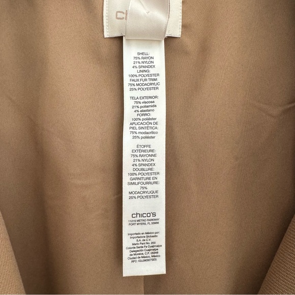 New! Women’s Chico’s Animal Faux Fur Collar Swing Jacket In Toast Tan NWT - Picture 8 of 9